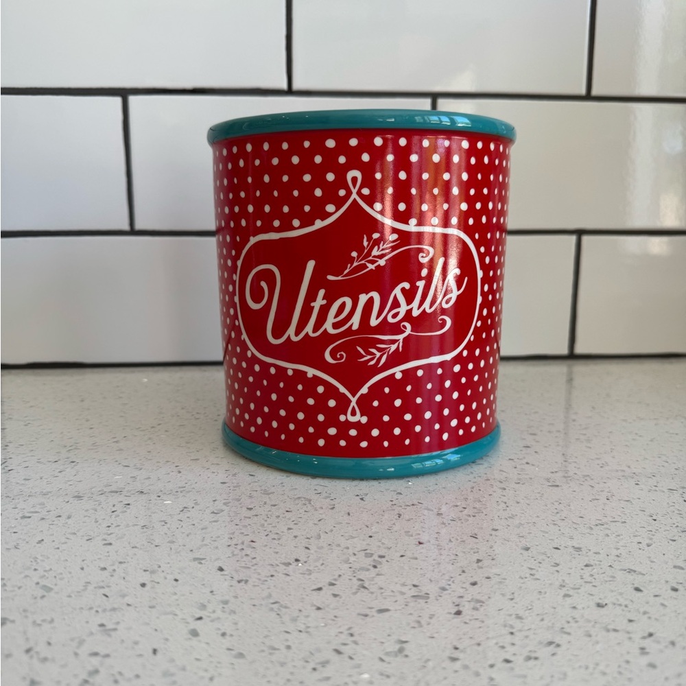 The Pioneer Woman Red and Teal Polka Dot Utensil Holder